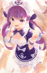Rule 34 | 1girl, ahoge, anchor symbol, angel wings, blue hair, blue nails, blurry, blush, bow, braid, breasts, cleavage, cleavage cutout, clothing cutout, colored inner hair, commentary, depth of field, from above, full body, hair ribbon, highres, hololive, jumping, long hair, looking at viewer, maid headdress, medium breasts, minato aqua, minato aqua (1st costume), multicolored hair, nail polish, open mouth, purple eyes, purple hair, ribbon, smile, solo, t6 ti, twintails, two-tone hair, v, v over mouth, virtual youtuber, white bow, wings