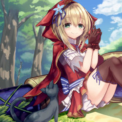 Rule 34 | 1girl, apple, black cat, black thighhighs, blonde hair, bloomers, brown gloves, cape, cat, cloud, day, flower, food, forest, fruit, gloves, green eyes, grimms notes, highres, holding, hood, knees up, little red riding hood, little red riding hood (grimm), long hair, miniskirt, nature, nishina kakeri, red cape, red hood, red skirt, ribbon, shirt, sitting, skirt, sky, smile, thighhighs, tree, underwear, white shirt