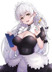 Rule 34 | 1girl, amco, apron, azur lane, black dress, blush, book, braid, breasts, center frills, cleavage, commentary request, cowboy shot, dress, frilled apron, frills, hands up, hermione (azur lane), highres, holding, large breasts, long hair, looking at viewer, maid, maid headdress, open mouth, puffy short sleeves, puffy sleeves, short sleeves, silver hair, simple background, smile, solo, syringe, twin braids, waist apron, white apron, white background, wristband