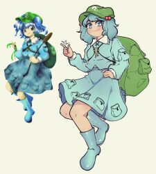 Rule 34 | 1girl, backpack, bag, blue eyes, blue hair, blue shirt, blue skirt, boots, cabbie hat, commentary request, full body, hair bobbles, hair ornament, hat, kawashiro nitori, linkaluote, medium hair, official art inset, shirt, simple background, skirt, skirt set, snapping fingers, solo, touhou, two side up, white background, zun (artist)