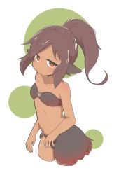 Rule 34 | + +, 1girl, absurdres, bare arms, bare shoulders, bikini, black bikini, blush, brown eyes, closed mouth, commentary request, cowboy shot, cropped legs, dark skin, dark-skinned female, green background, highres, idaten93, long hair, looking at viewer, navel, o-ring, o-ring bikini, o-ring top, original, ponytail, solo, swimsuit, two-tone background, white background