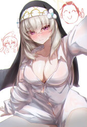 Rule 34 | 1girl, absurdres, blue archive, blush, breasts, cleavage, collarbone, collared shirt, crossed bangs, doodle sensei (blue archive), dress shirt, grey hair, habit, halo, highres, hirokichi shouji, large breasts, long hair, long sleeves, looking at viewer, nun, purple eyes, sakurako (blue archive), sensei (blue archive), shirt, solo, white shirt