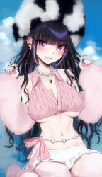 Rule 34 | 1girl, absurdres, bare shoulders, black hair, blunt bangs, breasts, cleavage, collared shirt, crop top, ear piercing, fur trim, grin, hands up, heart, heart-shaped pupils, highres, jewelry, large breasts, long hair, looking at viewer, midriff, miniskirt, mirei, mole, mole under mouth, multicolored hair, nail art, navel, navel piercing, necklace, original, piercing, pink shirt, pink theme, pink thighhighs, purple eyes, revealing clothes, shirt, sidelocks, sitting, skirt, sleeveless, sleeveless shirt, smile, solo, stomach, streaked hair, symbol-shaped pupils, thighhighs, underboob, white skirt