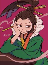 Rule 34 | 1boy, ace attorney, arm support, brown eyes, brown hair, closed mouth, commentary request, elbows on table, green kimono, hair bun, hair ornament, hair stick, hand fan, hand on own cheek, hand on own face, hand up, head rest, high collar, high ponytail, highres, holding, holding fan, japanese clothes, kimono, long sleeves, looking at viewer, nono (norabi), phoenix wright: ace attorney - spirit of justice, pink background, sitting, smile, smoke, solo, twitter username, uendo toneido, upper body, wide sleeves