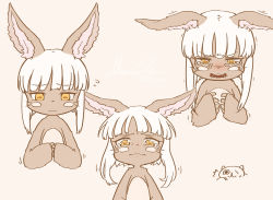 Rule 34 | 1girl, animal ears, crying, furry, made in abyss, mitty (made in abyss), mountain han, nanachi (made in abyss), short hair with long locks, simple background, whiskers, white hair, yellow eyes