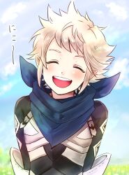 Rule 34 | 1boy, blue scarf, closed eyes, facing viewer, fire emblem, fire emblem fates, gumiten, highres, kana (fire emblem), kana (male) (fire emblem), nintendo, open mouth, pointy ears, scarf, sidelocks, spiked hair, swept bangs, teeth, upper body, upper teeth only, white hair
