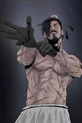 Rule 34 | 1boy, black background, black gloves, black hair, closed eyes, closed mouth, gloves, long hair, mu-sang seo, no shirt, pants, serious, solo, the legend of the northern blade, very long hair, white pants