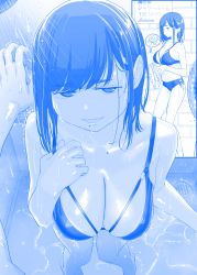 Rule 34 | 1girl, bikini, blue theme, breasts, coin, commentary request, getsuyoubi no tawawa, half-closed eyes, highres, himura kiseki, hokuro-chan (tawawa), innertube, large breasts, looking at viewer, mole, mole on chest, mole on thigh, mole under mouth, monochrome, navel, pov, short hair, showering, smile, standing, surprised, swim ring, swimsuit, wet, wet clothes, wet hair, wet swimsuit