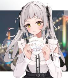 Rule 34 | 1girl, black bow, black skirt, blurry, blurry background, blush, bow, closed mouth, collared shirt, commentary request, depth of field, frilled shirt, frills, grey hair, hair bow, hands up, highres, holding, kirishe1101, long hair, long sleeves, looking at viewer, original, shirt, skirt, smile, solo, suspender skirt, suspenders, translation request, twintails, upper body, very long hair, virtual youtuber, white shirt, yellow eyes