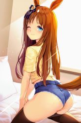 Rule 34 | 1girl, ;), absurdres, animal ears, ass, backlighting, black thighhighs, bloody0rabby, blue shorts, blush, brown hair, closed mouth, commentary, grass wonder (umamusume), highres, horse ears, horse girl, horse tail, indoors, long hair, looking at viewer, looking back, on bed, one eye closed, pillow, revision, shirt, short shorts, short sleeves, shorts, smile, solo, sunlight, sweat, tail, thighhighs, umamusume, very long hair, window, yellow shirt