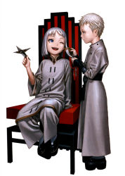 Rule 34 | 00s, 2boys, blue eyes, braiding, chair, child, comb, dio eraclea, highres, last exile, lucciola, male focus, model airplane, multiple boys, one eye closed, red upholstery, robe, white hair