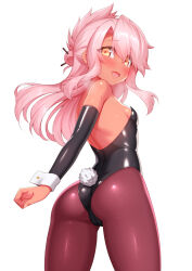 Rule 34 | 1girl, ass, black leotard, blush, breasts, brown pantyhose, cameltoe, chloe von einzbern, dark-skinned female, dark skin, detached sleeves, fake tail, fate/kaleid liner prisma illya, fate (series), floating hair, hair bun, hair ornament, hairpin, half updo, highleg, highleg leotard, highres, leotard, long hair, looking at viewer, looking back, open mouth, orange eyes, pantyhose, pink hair, playboy bunny, rabbit tail, sidelocks, simple background, small breasts, smile, solo, sweat, tail, twisted torso, white background, wrist cuffs, zirba