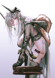 Rule 34 | 1girl, animal print, anus, arknights, ass, bar censor, blush, butterfly print, censored, closed mouth, cup, dress, drinking glass, earrings, elbow gloves, fur trim, gloves, grey hair, hair ornament, high heels, highres, holding, holding cup, horns, iumu, jewelry, long hair, looking at viewer, mudrock (arknights), no panties, pee, peeing, peeing in cup, pointy ears, pussy, red eyes, solo, thighhighs, thighs, white hair, wine glass