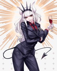 Rule 34 | 1girl, alcohol, arm under breasts, bad id, bad pixiv id, ban! (bansankan), black jacket, black necktie, black pants, black tail, breasts, business suit, collared shirt, cup, demon girl, demon horns, demon tail, drinking glass, formal, gloves, hair ornament, head tilt, helltaker, highres, holding, holding cup, horns, jacket, large breasts, long hair, long sleeves, looking at viewer, lucifer (helltaker), mole, mole under eye, monster girl, necktie, neckwear request, pants, red eyes, red shirt, shirt, simple background, smile, smirk, solo, suit, tail, upper body, very long hair, white background, white gloves, white hair, white horns, wine, wine glass