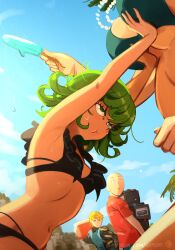 Rule 34 | 2boys, 2girls, absurdres, armpits, artist name, bald, bare arms, bare shoulders, bead necklace, beads, bikini, black bikini, black hair, blonde hair, blush, breast press, breasts, carrying, cleavage, day, flipped hair, food, from below, fubuki (one-punch man), genos, green eyes, highres, holding, ice cream, jewelry, khyle., large breasts, looking at another, looking back, multiple boys, multiple girls, navel, necklace, one-punch man, outdoors, pout, pushing away, red shirt, saitama (one-punch man), shirt, short hair, short sleeves, siblings, sisters, small breasts, stomach, sweat, swimsuit, tatsumaki, watermark, web address