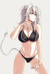 Rule 34 | 1girl, absurdres, adapted costume, ahoge, animal ear fluff, animal ears, bikini, black bikini, blush, breasts, cleavage, collarbone, commentary, contrapposto, cowboy shot, ear piercing, fang, grey eyes, grey hair, highres, hololive, lion ears, lion girl, lion tail, long hair, looking at viewer, medium breasts, navel, open mouth, piercing, shishiro botan, sidelocks, simple background, skin fang, solo, stomach, string bikini, swimsuit, tail, twintails, virtual youtuber, white background, zeropen