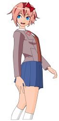 Rule 34 | 1girl, blazer, blue eyes, blue skirt, bow, breasts, deviantjam, doki doki literature club, eyebrows hidden by hair, female focus, from side, grey jacket, hair between eyes, hair bow, highres, jacket, legs, long sleeves, looking back, looking to the side, miniskirt, neck ribbon, open mouth, orange vest, pink hair, pleated skirt, red bow, red headwear, red ribbon, ribbon, sayori (doki doki literature club), school uniform, shirt, short hair, skirt, small breasts, solo, standing, teeth, tongue, transparent background, upper teeth only, vest, white legwear, white shirt, wing collar