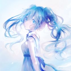Rule 34 | 1girl, blue eyes, blue hair, breasts, floating hair, from side, hair between eyes, hatsune miku, koneko mari, long hair, looking at viewer, making-of available, medium breasts, solo, twintails, upper body, vocaloid