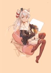 Rule 34 | 1girl, amatsukaze (kancolle), black panties, breasts, burger, choker, collarbone, food, full body, garter straps, hair tubes, hat, highres, kantai collection, long hair, long sleeves, mini hat, no pants, no shoes, off shoulder, open clothes, open shirt, panties, red thighhighs, sailor collar, sailor shirt, shirt, simple background, sitting, sleeves past wrists, small breasts, solo, swd3e2, thighhighs, two side up, underwear, white hair
