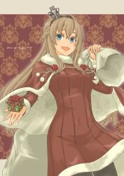 Rule 34 | 1girl, absurdres, black pantyhose, blonde hair, blue eyes, braid, capelet, cowboy shot, crown, dress, floral background, flower, french braid, fur-trimmed capelet, fur-trimmed dress, fur-trimmed sleeves, fur trim, gift, highres, holding, holding gift, kantai collection, long hair, long sleeves, looking at viewer, mini crown, official alternate costume, open mouth, pantyhose, pot-de, red background, red flower, red rose, rose, short dress, solo, warspite (kancolle)