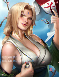 Rule 34 | 1girl, bare shoulders, blonde hair, blush, breasts, brown eyes, cherry blossoms, cleavage, collarbone, cup, deviantart username, facial mark, female focus, fingernails, forehead mark, headpiece, holding, holding cup, large breasts, light smile, lips, lipstick, long hair, makeup, nail polish, naruto, naruto (series), off shoulder, outdoors, petals, realistic, sakimichan, shirt, sleeveless, sleeveless shirt, smile, solo, tsunade (naruto), upper body, watermark, web address