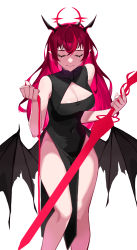 Rule 34 | 1girl, absurdres, bare legs, bare shoulders, black dress, breasts, cleavage, cleavage cutout, closed mouth, clothing cutout, commentary, covered navel, dress, english commentary, closed eyes, highres, hjjeon02, holding, holding weapon, hololive, hololive english, horns, irys (hololive), long hair, low wings, medium breasts, multiple horns, pelvic curtain, pointy ears, red hair, simple background, solo, sword, virtual youtuber, weapon, white background, wings