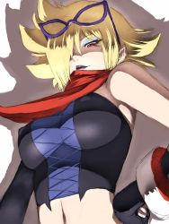 Rule 34 | 1girl, bare shoulders, blonde hair, breasts, elbow gloves, covered erect nipples, eyeshadow, fingerless gloves, fumio (rsqkr), glasses, gloves, hair over one eye, large breasts, lipstick, makeup, midriff, red eyes, scarf, short hair, sketch, solo, spiked hair, underboob