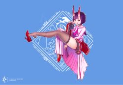 Rule 34 | aurahack, beer can, can, choker, drink can, fate/grand order, fate (series), feet, fishnet thighhighs, fishnets, folding fan, full body, hand fan, high heels, horns, jacket, long skirt, pink skirt, pleated skirt, purple eyes, purple hair, sailor collar, shoe dangle, short hair, shuten douji (fate), signature, skin-covered horns, skirt, smile, solo, thighhighs, tongue, tongue out, watermark, web address