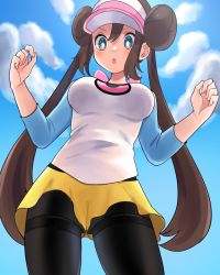 Rule 34 | 1girl, :o, black pantyhose, blue eyes, blush, bow, breasts, bright pupils, brown hair, cloud, commentary request, creatures (company), day, double bun, doughnut hair bun, from below, game freak, hair between eyes, hair bun, hands up, highres, long hair, nintendo, open mouth, outdoors, pantyhose, pantyhose under shorts, pink bow, pokemon, pokemon bw2, raglan sleeves, ririmon, rosa (pokemon), shirt, short shorts, shorts, sidelocks, sky, sleeves past elbows, solo, tongue, twintails, upshorts, visor cap, w arms, yellow shorts