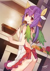 Rule 34 | 1girl, :q, absurdres, animal ears, apron, artist name, ass, back, blunt bangs, bread, breasts, dated, dutch angle, feathered wings, food, from behind, highres, indoors, isekai karano nono, kitchen, ladle, leaning forward, long hair, looking at viewer, looking back, low twintails, naked apron, purple hair, red eyes, signature, small breasts, solo, spoon, thighs, tongue, tongue out, tsubasa tsubasa, twintails, wings