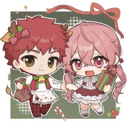 1boy 1girl blush border bow box breasts cheek_press chibi christmas christmas_ornaments collared_shirt couple emiya_shirou fate/stay_night fate_(series) gift gift_box hair_bow hair_ornament halo hetero highres igote jacket long_hair long_sleeves looking_at_viewer merry_christmas momomiya_shizuku non-web_source open_mouth orange_hair original outside_border pink_eyes pink_hair pink_halo red_hair shirt skirt smile twintails white_border yellow_eyes