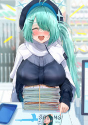 Rule 34 | 1girl, ahoge, blue archive, blush, breast rest, breasts, cloak, commentary request, convenience store, green eyes, green hair, hair ornament, hair over one eye, hairclip, halo, happy, hat, highres, hiyori (blue archive), iro (boo iro), large breasts, long sleeves, magazine (object), multiple girls, open mouth, pointing, shop, side ponytail, smile, solo, sweater, teeth, upper teeth only