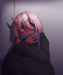 Rule 34 | 10s, 1girl, black cloak, blue eyes, book, cloak, colored skin, commentary, covered mouth, crying, crying with eyes open, dark skin, dark-skinned female, darling in the franxx, fingernails, hair between eyes, hater (hatater), head tilt, holding, holding book, horns, knees up, long sleeves, looking to the side, nail polish, pink hair, red nails, red skin, shadow, sharp fingernails, short hair, sitting, solo, spoilers, tears, wide sleeves, zero two (darling in the franxx)