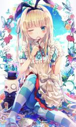 Rule 34 | 1girl, alice (alice in wonderland), alice in wonderland, animal ears, apron, blonde hair, bug, butterfly, card, clock, cloud, dress, fake animal ears, flower, frilled apron, frills, green dress, green eyes, hairband, hat, highres, holding, huwari (dnwls3010), insect, knee up, long hair, looking at viewer, mary janes, monocle, neck ribbon, one eye closed, one side up, pantyhose, plant, red ribbon, ribbon, roman numeral, rose, shoes, short sleeves, sitting, solo, striped clothes, striped pantyhose, stuffed animal, stuffed rabbit, stuffed toy, top hat, very long hair, vines, wing collar, wrist cuffs