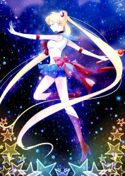 Rule 34 | 1girl, absurdres, bishoujo senshi sailor moon, blue sailor collar, blue skirt, boots, bow, cutie moon rod, dated, double bun, elbow gloves, closed eyes, from side, gloves, highres, long hair, outstretched arm, red bow, red footwear, sailor collar, sailor moon, sakura12140814, signature, skirt, solo, star (symbol), tsukino usagi, twintails, very long hair, white gloves