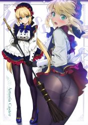 Rule 34 | 1girl, absurdres, ahoge, artoria caster (fate), artoria pendragon (fate), black pantyhose, blonde hair, character name, copyright name, fate/grand order, fate (series), full body, green eyes, highres, looking at viewer, panties, pantyhose, scan, simple background, skirt, solo, standing, underwear, white background, yd (orange maru)