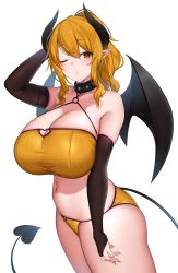 Rule 34 | 1girl, absurdres, bare shoulders, bikini, black collar, black horns, blonde hair, breasts, bridal gauntlets, brown eyes, cleavage, collar, demon girl, demon horns, demon tail, demon wings, highres, horns, huge breasts, looking at viewer, navel, navel piercing, one eye closed, original, piercing, pointy ears, ponytail, short hair, simple background, solo, spiked collar, spikes, suruga (xsurugax), swimsuit, tail, thighs, white background, wings