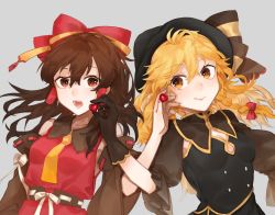 Rule 34 | 2girls, :q, adapted costume, armpit peek, bare shoulders, black gloves, black vest, bow, breasts, brown hair, collarbone, cowlick, detached sleeves, food, gloves, gold trim, hair between eyes, hair bow, hair tubes, hakurei reimu, heart, highres, holding, holding food, kirisame marisa, light blush, long hair, looking at another, looking at viewer, looking to the side, medium breasts, multiple girls, nail polish, necktie, open mouth, orange eyes, purple nails, red bow, red eyes, red vest, sharing food, shidaccc, sleeves past elbows, small breasts, teeth, tongue, tongue out, touhou, upper body, vest, wide sleeves, yellow necktie