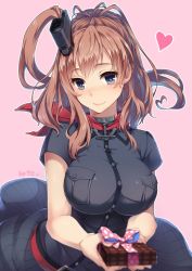 Rule 34 | 10s, 1girl, anchor, belt, black dress, blush, box, breast pocket, breasts, brown hair, dress, gift, gift box, grey eyes, hair between eyes, hair ornament, heart, heart-shaped pupils, highres, impossible clothes, kantai collection, kelang, large breasts, long hair, looking at viewer, neckerchief, pink background, pocket, ponytail, red neckerchief, saratoga (kancolle), side ponytail, sidelocks, smile, smokestack, solo, symbol-shaped pupils