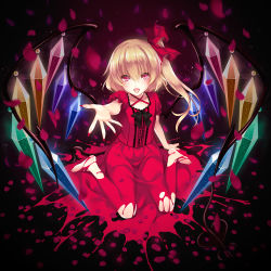 Rule 34 | 1girl, ayase hazuki, blonde hair, bow, crystal, fingernails, flandre scarlet, gradient background, hair bow, impossible clothes, looking at viewer, nail polish, outstretched arm, petals, puffy short sleeves, puffy sleeves, reaching, reaching towards viewer, red eyes, short sleeves, side ponytail, solo, touhou, wings