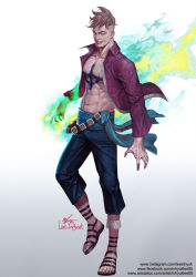 Rule 34 | 1boy, abs, brown hair, collarbone, facial hair, flaming hand, goatee, gradient background, highres, in-hyuk lee, jacket, male focus, marco (one piece), navel, one piece, open clothes, open jacket, sandals, signature, smile, solo, standing, standing on one leg, veins, watermark, web address