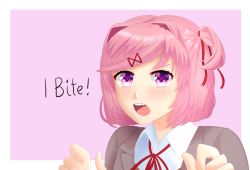 Rule 34 | 1girl, blazer, blush, border, doki doki literature club, english text, fang, female focus, grey jacket, hair ornament, hair ribbon, hairclip, highres, jacket, littlewing1st, looking at viewer, natsuki (doki doki literature club), open mouth, orange vest, pink background, pink eyes, pink hair, red neckwear, red ribbon, ribbon, school uniform, shirt, short hair, short twintails, simple background, solo, standing, teeth, tongue, twintails, upper body, upper teeth only, vest, white border, white shirt, wing collar