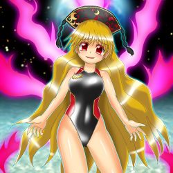 Rule 34 | 1girl, blonde hair, blush, breasts, competition swimsuit, hat, highleg, highleg swimsuit, junko (touhou), legacy of lunatic kingdom, long hair, one-piece swimsuit, red eyes, shiny clothes, smile, solo, swimsuit, touhou, very long hair, winn