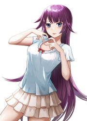 Rule 34 | 1girl, absurdres, bakemonogatari, blue eyes, blush, breasts, brown skirt, collar, commentary request, cowboy shot, dutch angle, finger heart, fingers together, frilled collar, frills, hands up, head tilt, highres, long hair, looking at viewer, medium breasts, monogatari (series), official alternate costume, parted lips, pleated skirt, purple hair, saku (x777x), senjougahara hitagi, shiny skin, shirt, short sleeves, sidelocks, simple background, skirt, smile, solo, standing, thighs, white background, white shirt