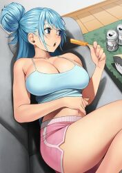 Rule 34 | 1girl, alternate costume, aqua (konosuba), bag of chips, beer can, blue camisole, blue eyes, blue hair, breasts, camisole, can, cleavage, collarbone, commentary request, commission, couch, dolphin shorts, drink can, fingernails, food, highres, holding, holding food, holding ice cream, ice cream, ice cream bar, izawa (bhive003), kono subarashii sekai ni shukufuku wo!, large breasts, long hair, looking to the side, lying, midriff, navel, on couch, open mouth, pink shorts, revision, short shorts, shorts, skeb commission, solo