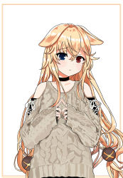 Rule 34 | 1girl, alternate hairstyle, animal ears, artist request, bad id, bad pixiv id, blonde hair, blue eyes, blush, choker, clothing cutout, derivative work, g41 (girls&#039; frontline), girls&#039; frontline, heterochromia, highres, index fingers together, interlocked fingers, long hair, red eyes, shoulder cutout, simple background, solo, sweater, very long hair, white background