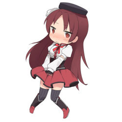 Rule 34 | 1girl, adapted costume, alternate hairstyle, beret, boots, chibi, cosplay, detached sleeves, female focus, fingerless gloves, full body, gloves, hair down, hat, long hair, magical girl, mahou shoujo madoka magica, mahou shoujo madoka magica (anime), red eyes, red hair, sakura kyoko, simple background, skirt, solo, striped clothes, striped thighhighs, thighhighs, tomoe mami, tomoe mami (cosplay), tsuduya (knt31), vertical-striped clothes, vertical-striped thighhighs, white background, zettai ryouiki