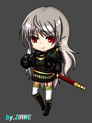 Rule 34 | 00s, 1girl, belt, black gloves, boots, breasts, chibi, dress, dungeon and fighter, earrings, female slayer (dungeon and fighter), fingerless gloves, garter straps, gloves, grey background, high heels, jewelry, long hair, red eyes, sheath, shoes, short dress, simple background, slayer (dungeon and fighter), sword, sword master, thighhighs, very long hair, weapon, white hair, white thighhighs, zirwe