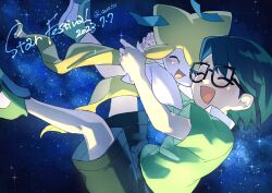 Rule 34 | 1boy, :d, affectionate, black-framed eyewear, blush, closed eyes, commentary request, creatures (company), dated, from side, game freak, gen 3 pokemon, glasses, green footwear, green hair, green shirt, green shorts, happy, highres, holding, holding pokemon, ichihara yuuto, jirachi, legendary pokemon, male focus, max (pokemon), mythical pokemon, night, nintendo, open mouth, outdoors, pokemon, pokemon: jirachi: wish maker, pokemon (anime), pokemon (creature), pokemon rse (anime), shirt, shoes, short hair, short sleeves, shorts, smile, sparkle, star (sky)