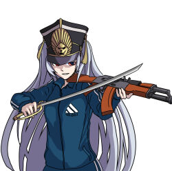 Rule 34 | 1girl, adidas, ak-47, altair (re:creators), assault rifle, blue eyes, blue jacket, blue pants, collared jacket, commentary, commentary request, english commentary, gun, hat, highres, holding, holding gun, holding sword, holding weapon, jacket, kalashnikov rifle, lion head (ornament), long hair, looking at object, mixed-language commentary, multicolored clothes, multicolored jacket, pants, parted lips, pocket, re:creators, red eyes, rifle, sate, shaded face, shako cap, solo, square pupils, sword, track jacket, track suit, twintails, two-tone eyes, two-tone jacket, two-tone pants, very long hair, weapon, white background, white hair, zipper, zipper pull tab